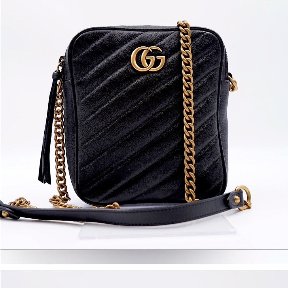 Gucci double zip leather crossbody bag in black